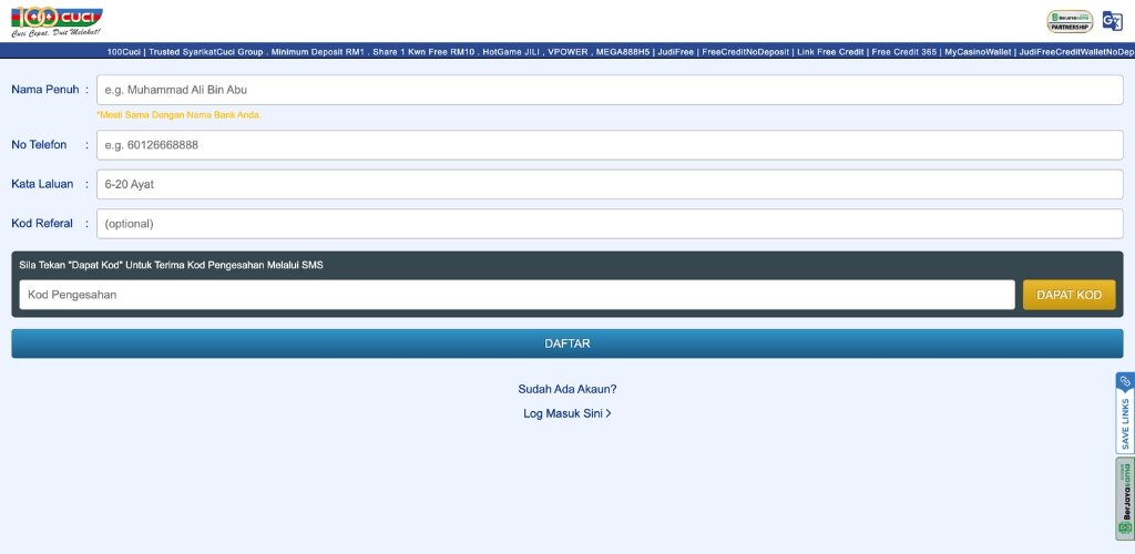 Free Signup at 100Cuci with Free Credit Offers